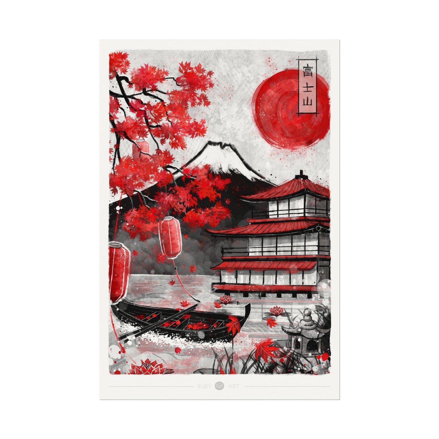 Autumn Temple by Fuji’s Lake - Watercolor Print