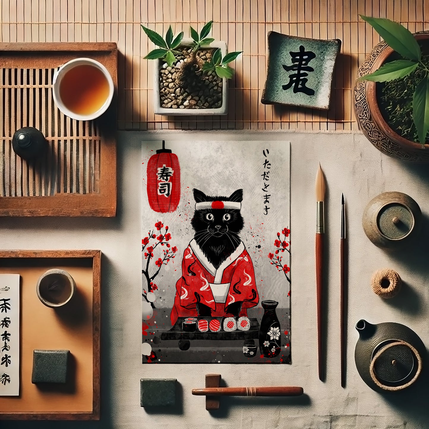 Sushi Cat in Silk - Japanese Fine Art Print