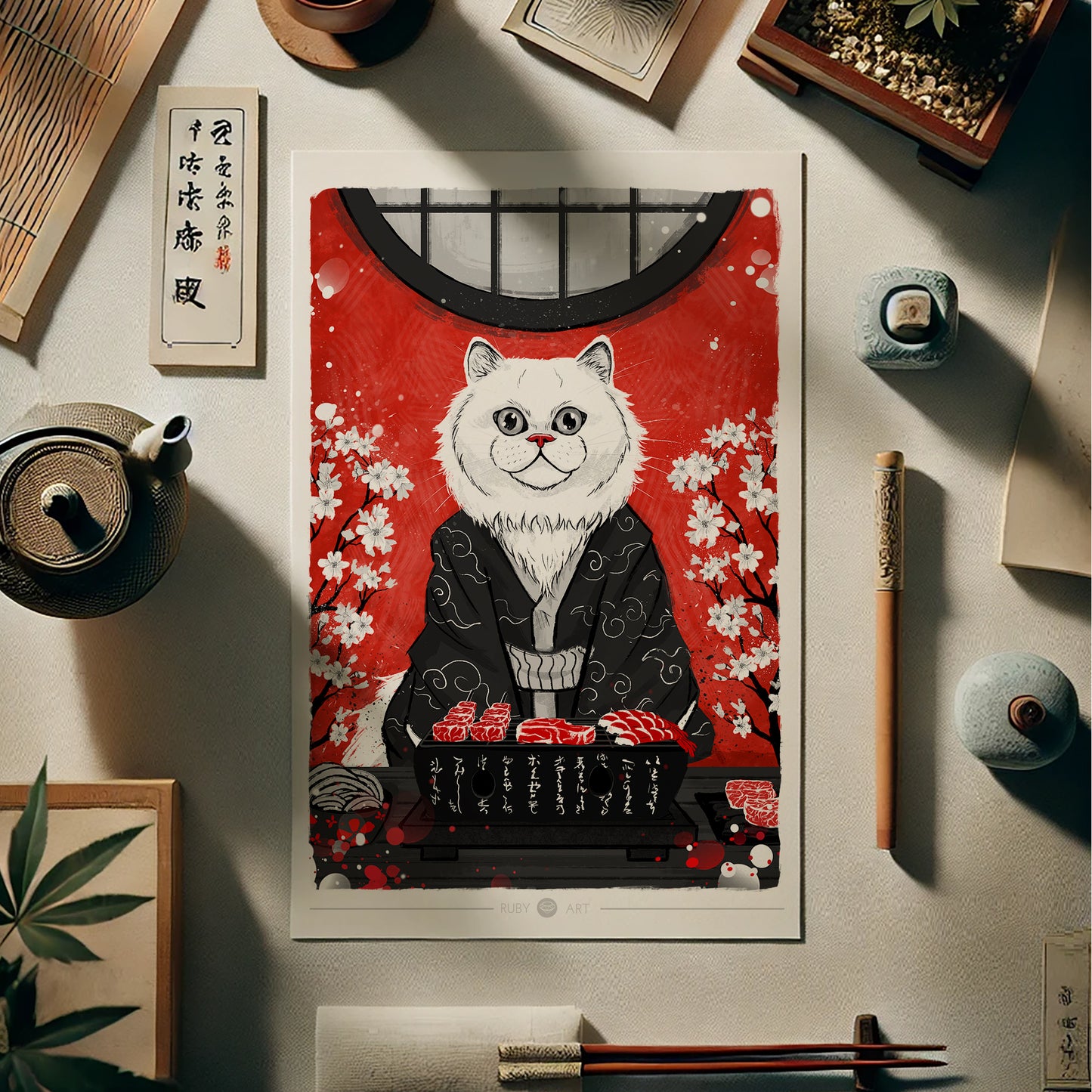 Neko no Yakiniku - Watercolor Print