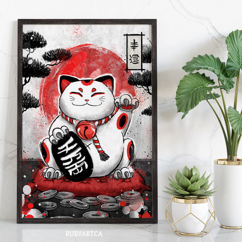Canvas Print Maneki-Neko - Asian Cat With a Nodding Paw Against a  Background of Japanese Symbols - Cats - Animals - Canvas Prints